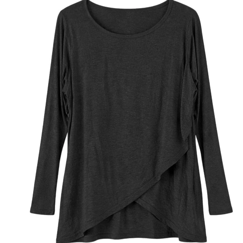 Black Plus Size Tunic Top Asymmetrical Hem Long Sleeve Cotton Stretch 2XL - Picture 4 of 5
